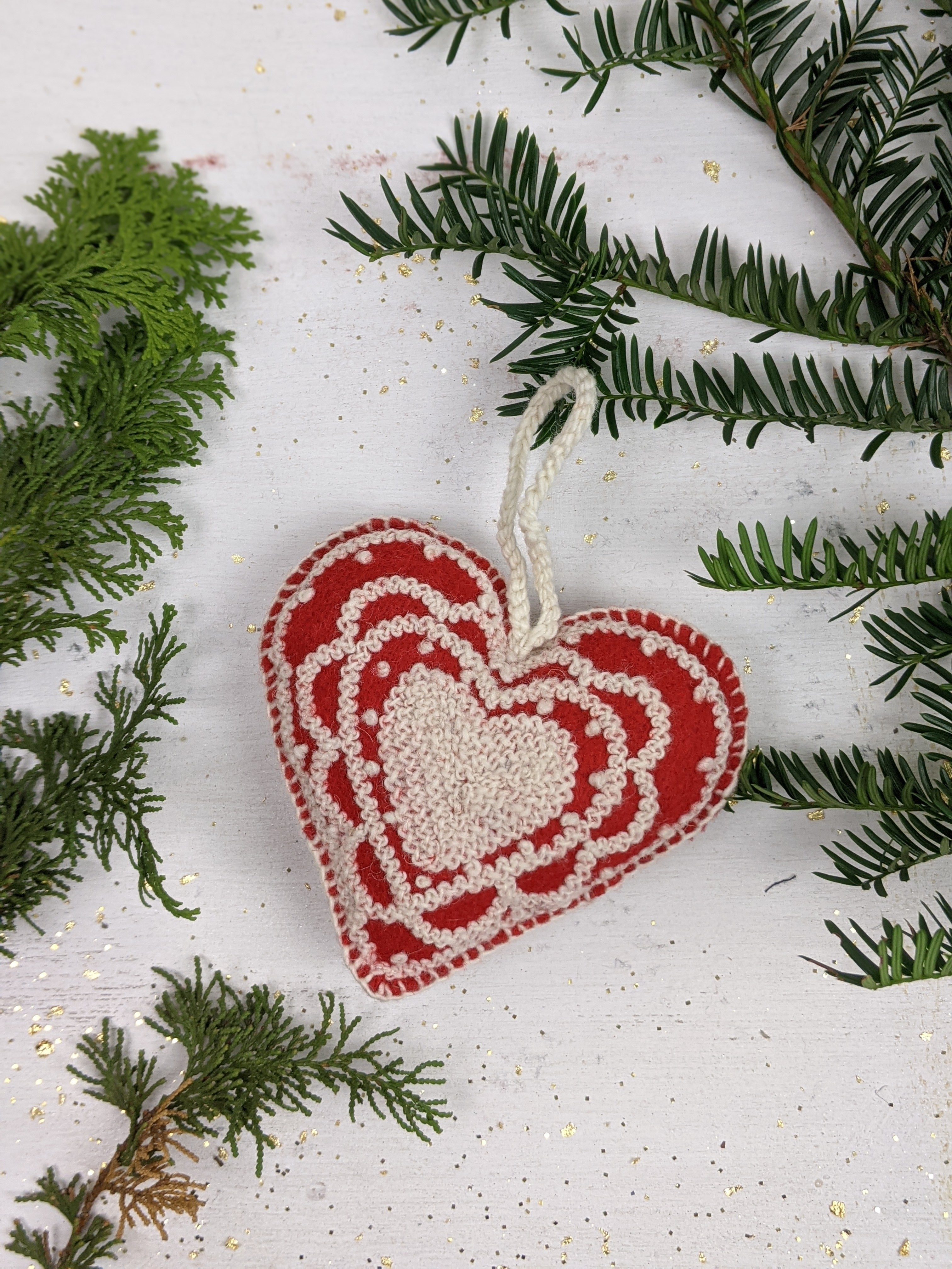 Melange Embroidered Heart Ornament, white on red, hand made in
