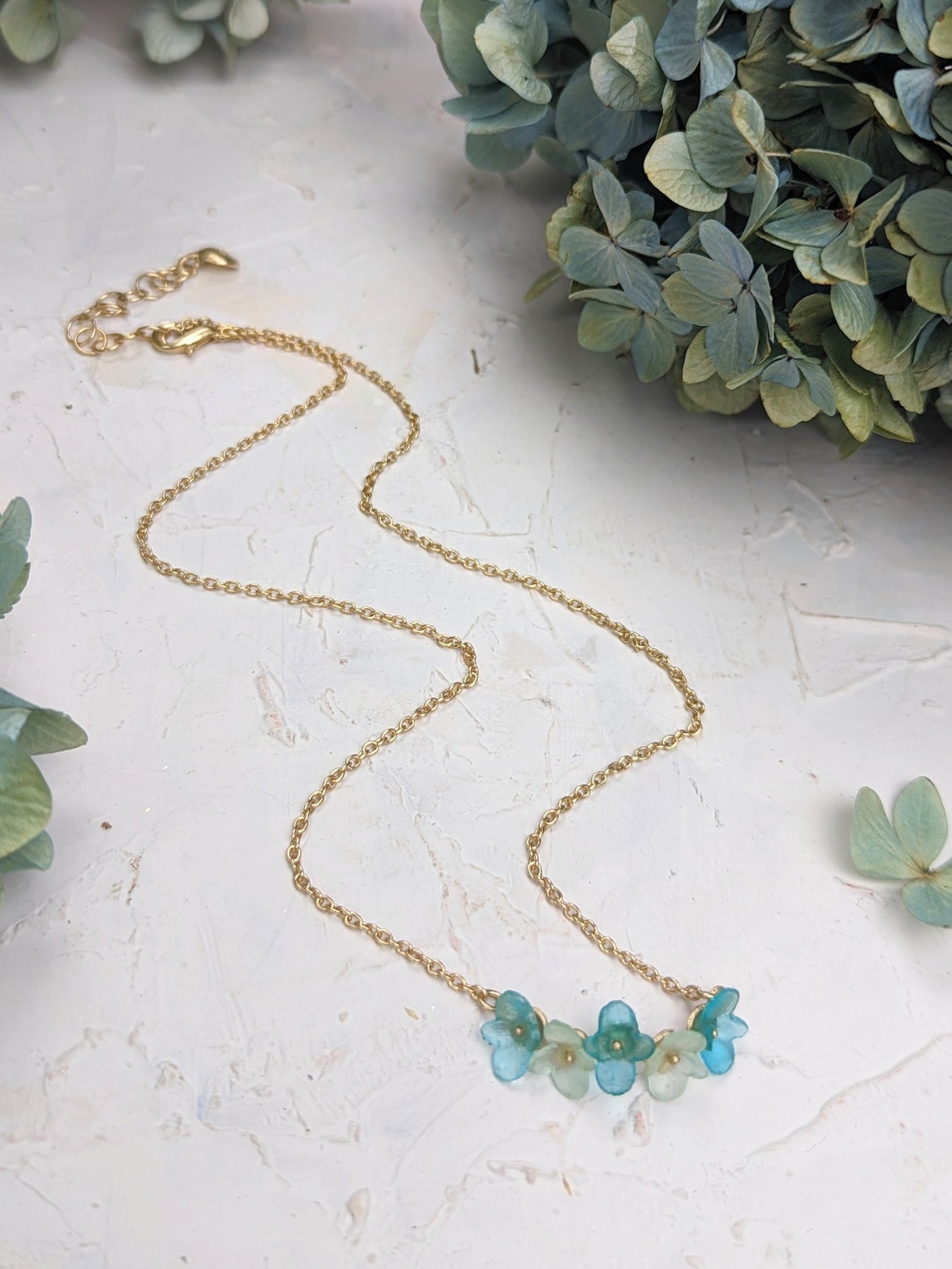 Blue Hydrangea Glass Bar Necklace